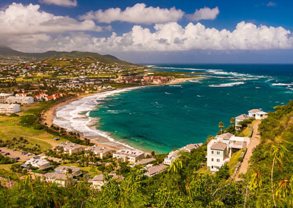 Aerial view of Basseterre bay and St Kitts coastal town